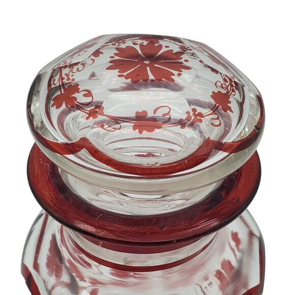 Antique Glass Panel Apothecary Jar Ruby Red Flash Grape Vine Leaf Clear Dome Lid - Picture 4 of 14